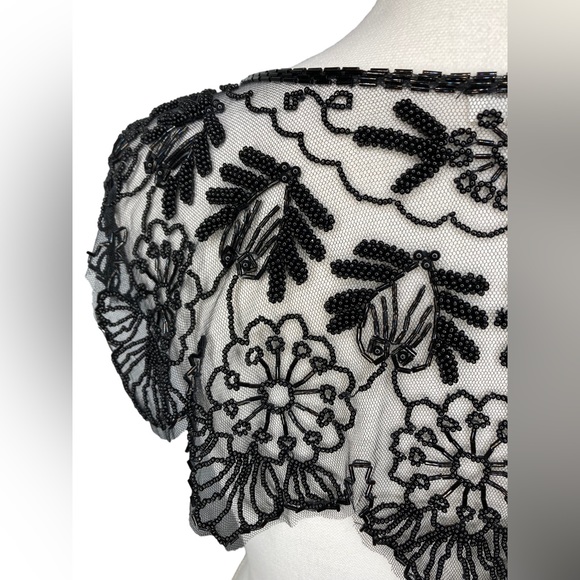 Vintage Black Beaded Mesh Floral Design Bolero Collar Shaw Belt Multi-way Piece - Picture 6 of 16